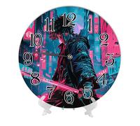 Generic Anime Environmental-Friendly Wall Clock Cool Japanese Samurai Teal Hot Pink PVC Silent Decorative Bedroom Living Room Round Wall Clock 10x10 Inch