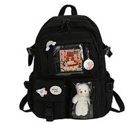 Generic Backpack with Cute Accessories, Large Multi-Pocket Backpack for Girls with Pin-Shaped Charm and Pendant, Black