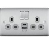 Generic BG Brushed Steel Double Socket with USB 12W Type A & Type C USB NBS22UAC12G