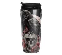 Generic Black Raven Goth Skull Roses Insulated Travel Tumbler with Lid, 12 Oz, Double Wall, Plastic, Cylindrical, 12 cm Width x 12 cm Height, Reusable, Home, Travel