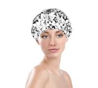 Generic Black White Print Shower Cap, Waterproof Reusable Bath Caps For Women Hair, Double Layers Elastic Shower Hat Hair Protection