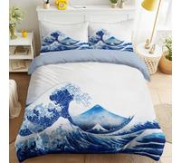 Generic Blue Queen Bedding Sets, Soft Microfiber Reversible Landscape Waves Duvet Cover 102" x 87" with 2 Pillowcases Vintage Traditional Classic Elegant Artistic Quilt Cover for Children & Adults