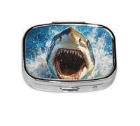 Generic Blue Shark Print Pill Box-2 Compartment Small Pill Case for Purse & Pocket Mini Metal Pill Holder Travel Pill Container