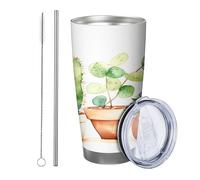 Generic Botanical tumbler Pack Of 1 Succulents Potted Cactus Watercolor Leaves Plant Pretty green brown Stainless Can Cooler Shatterproof Travel Pool Outdoor office With Lid drinking cup 20 Ounce