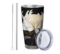 Generic Botanical tumbler Set Of 1 Black Background Plant Aesthetic Leaves Blooming Flower white green Metal Reusable No Spill Shatterproof Yard Outdoor Picnic gym with straw Cold Drinks 20 Ounce