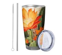 Generic Botanical tumbler Set Of 1 Cottage Scene Retro Cactus Blooming Flower Rustic Plant orange green Metal Reusable No Spill Shatterproof Yard Outdoor Picnic gym with straw Cold Drinks 20 Ounce