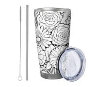 Generic Botanical tumbler Set Of 1 Hand Painting Plant Rose Flower Leaves Modern Designs white black Powder Coated Hot And Cold No Spill School college nursery office Stemless Double Wall 20 Ounce