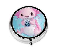 Generic Cartoon Axolotl Print Round Pill Box-3 Compartment Small Pill Case for Purse & Pocket Mini Metal Pill Holder Travel Pill Container
