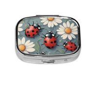 Generic Cartoon Ladybug and Flowers Print Square Pill Box-2 Compartment for Purse & Pocket Mini Metal Pill Holder Travel Pill Container