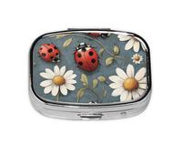 Generic Cartoon Ladybug and Flowers Print Square Pill Box-2 Compartment for Purse & Pocket Mini Metal Pill Holder Travel Pill Container