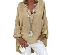 Generic Casual Cotton and Linen 3/4 Sleeve Summer Tops for Women Loose Three Quarter Sleeve Tunic T Shirt Plus Size Blouse(Xa-Khaki,L)