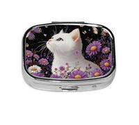 Generic Cat Butterfly Flower Print Square Pill Box-2 Compartment for Purse & Pocket Mini Metal Pill Holder Travel Pill Container