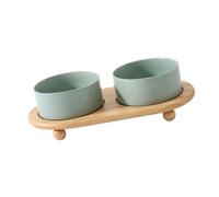 Generic Ceramic Elevated Cat Bowls with Wooden Stand for Cats, Anti-Tip Design, Dual Bowls for Food and Water, Easy Clean Material - 1 Set (Double Bowl Light Green)