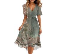 Generic Chic and Elegant Women's Dress Summer Long Bohemian Beach Dress Casual Women's Sexy Evening Dresses Solid Short Sleeve V-neck Printed Casual Breathable Dress for Celebrating, A Army Green, M