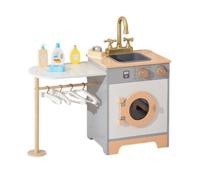 Generic Children Play Kitchen Wooden Laundry Washer Dryer Sink Unit With Front Round Door Knobs Golden Faucet And Hanging Rail Suitable for role play preschool classroom playroom