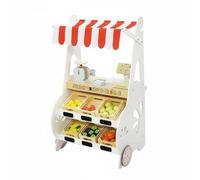 Generic Children Play Store Wooden Market Stall Playset With Fruit Rack Movable Wheels Pull Out Ice Box Register Area 19 Accessories suitable for preschool role play social interaction learning games