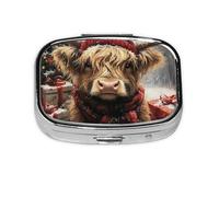 Generic Christmas Highland Cow Print Pill Box-2 Compartment Small Pill Case for Purse & Pocket Mini Metal Pill Holder Travel Pill Container
