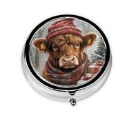 Generic Christmas Highland Cow Print Round Pill Box-3 Compartment Small Pill Case for Purse & Pocket Mini Metal Pill Holder Travel Pill Container