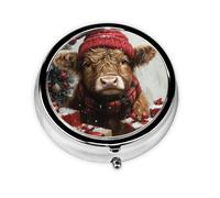 Generic Christmas Highland Cow Print Round Pill Box-3 Compartment Small Pill Case for Purse & Pocket Mini Metal Pill Holder Travel Pill Container