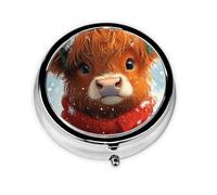 Generic Christmas Highland Cow Print Round Pill Box-3 Compartment Small Pill Case for Purse & Pocket Mini Metal Pill Holder Travel Pill Container
