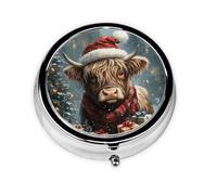 Generic Christmas Highland Cow Print Round Pill Box-3 Compartment Small Pill Case for Purse & Pocket Mini Metal Pill Holder Travel Pill Container