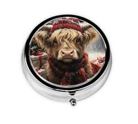 Generic Christmas Highland Cow Print Round Pill Box-3 Compartment Small Pill Case for Purse & Pocket Mini Metal Pill Holder Travel Pill Container