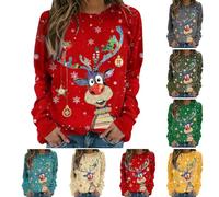 Generic Christmas Sweater Women's Funny Christmas Sweaters Ugly Pullovers Cotton Sweater Basic Sweater with Crew Neck Reindeer Head Pattern Christmas Costumes, 0-red, L