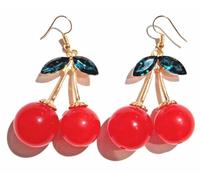 Generic Chunky Cherry Earrings red green & goldtone fruit pendants Rockabilly Retro Summer Love Jewelry