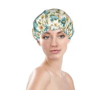 Generic Colorful Beautiful Flowers Print Shower Cap, Waterproof Reusable Bath Caps For Women Hair, Double Layers Elastic Shower Hat Hair Protection