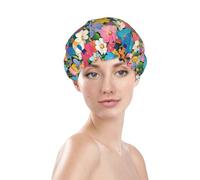 Generic Colorful Beautiful Flowers Print Shower Cap, Waterproof Reusable Bath Caps For Women Hair, Double Layers Elastic Shower Hat Hair Protection