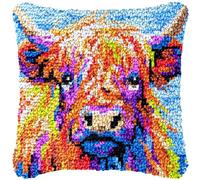 Generic Colorful Scottish Highland Cow Latch Hook Kits Pillow with Printed Canvas DIY Cushion Crochet Yarn Embroidery Hook and Latch Kit Pillowcase Christmas Soafa Decoration 43x43cm