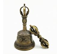 Generic Copper Ritual Bell Meditation Vajra Altar With Mallet Ornate Embossed Body And Wide Base With Gold-Toned Finial suitable for spiritual clearing meditation room, Small