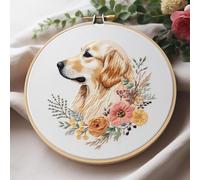 Generic Counted Easy Cross Stitch Kits Flower Golden Retriever Color Stamped Embroidery for Starter Kits DIY 11CT Stamped Patterns Embroidery Needlework Kit Supplies 12 Inch Hoop Included(75-A)