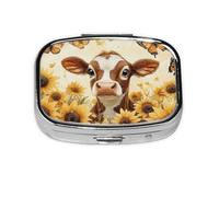 Generic Cow Sunflower Butterfly Print Square Pill Box-2 Compartment for Purse & Pocket Mini Metal Pill Holder Travel Pill Container