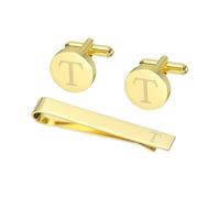 Generic Cuff Links Mens, Initial Tie Clip and Cufflink Set for Men Classic Copper Personalized Cuff Links and Tie Bar for Father Husband Son, Letter T(Gold Tone)