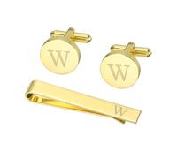 Generic Cuff Links Mens, Initial Tie Clip and Cufflink Set for Men Classic Copper Personalized Cuff Links and Tie Bar for Father Husband Son, Letter W(Gold Tone)