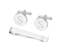 Generic Cuff Links Mens, Initial Tie Clip and Cufflink Set for Men Classic Copper Personalized Cuff Links and Tie Bar for Father Husband Son, Letter S(Silver Tone)