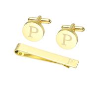Generic Cuff Links Mens, Initial Tie Clip and Cufflink Set for Men Classic Copper Personalized Cuff Links and Tie Bar for Father Husband Son, Letter P(Gold Tone)