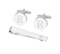 Generic Cuff Links Mens, Initial Tie Clip and Cufflink Set for Men Classic Copper Personalized Cuff Links and Tie Bar for Father Husband Son, Letter R(Silver Tone)