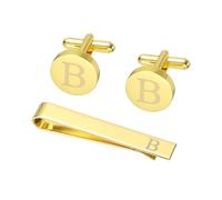 Generic Cuff Links Mens, Initial Tie Clip and Cufflink Set for Men Classic Copper Personalized Cuff Links and Tie Bar for Father Husband Son, Letter B(Gold Tone)