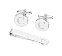 Generic Cuff Links Mens, Initial Tie Clip and Cufflink Set for Men Classic Copper Personalized Cuff Links and Tie Bar for Father Husband Son, Letter C(Silver Tone)