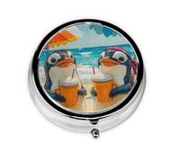 Generic Cute Beach Penguins Print Round Pill Box-3 Compartment Small Pill Case for Purse & Pocket Mini Metal Pill Holder Travel Pill Container