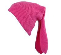 Generic Cute Bunny Long Ears Grunge Hat Cute Knit Beanie Hats Fluffy Winter Cap Warm Knit Rabbit Crochet Solid Color Bonnet for Girls Rose red