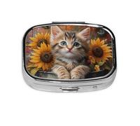 Generic Cute Cats with Floral Print Pill Box-2 Compartment Small Pill Case for Purse & Pocket Mini Metal Pill Holder Travel Pill Container