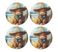 Generic Cute Highland Cow Print Drinks Round Coaster With Cork Base,Set Of 4 Coasters,Tabletop Protection Mat For Mugs And Cups
