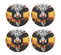 Generic Cute Highland Cow Print Drinks Round Coaster With Cork Base,Set Of 4 Coasters,Tabletop Protection Mat For Mugs And Cups