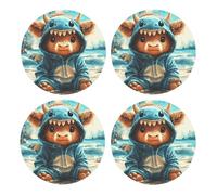Generic Cute Highland Cow Print Drinks Round Coaster With Cork Base,Set Of 4 Coasters,Tabletop Protection Mat For Mugs And Cups