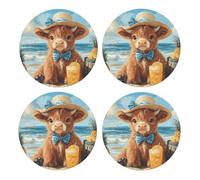 Generic Cute Highland Cow Print Drinks Round Coaster With Cork Base,Set Of 4 Coasters,Tabletop Protection Mat For Mugs And Cups