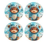 Generic Cute Highland Cow Print Drinks Round Coaster With Cork Base,Set Of 4 Coasters,Tabletop Protection Mat For Mugs And Cups