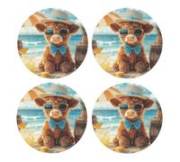 Generic Cute Highland Cow Print Drinks Round Coaster With Cork Base,Set Of 4 Coasters,Tabletop Protection Mat For Mugs And Cups